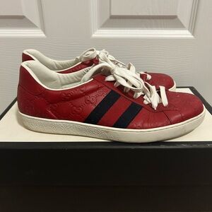 Gucci Red Sneakers with Navy Stripes